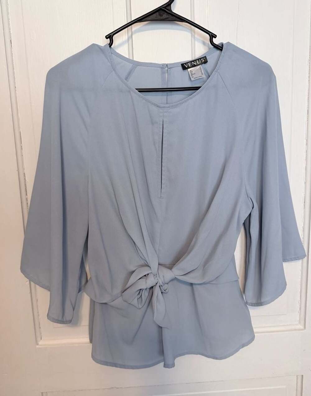 Venus Dusty Blue Tie-Front Bell Sleeve Blouse boho romantic Size 8